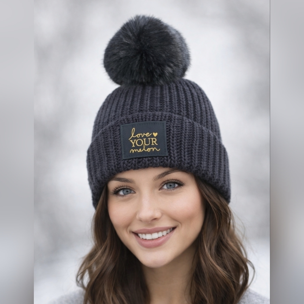 Love Your Melon Charcoal/Black/Gold Faux Fur Pom Beanie